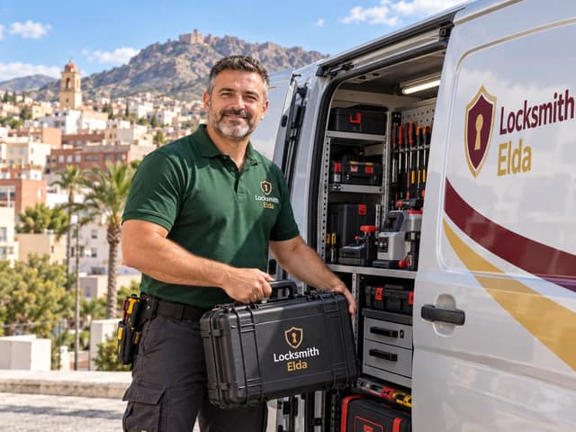 A locksmith in a green polo lifts a black tool case out of the side door of a van fitted with shelves of tools, a hillside town behind him